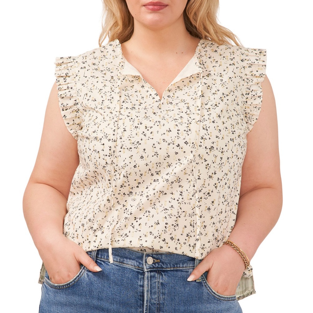 BRAND NEW Vince Camuto Floral-Print Ruffled Cap-Sleeve Top (Birch) size 1X